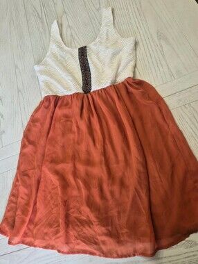 Maurices Dress Size Large, With Open Back, Stretch Weist, Color Orange & Beige